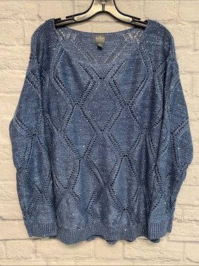 Soho Denim-Blue Sequin Diamond Open Knit Sweater Size XL